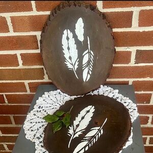 Wood Slice Wall Art-Rustic Boho Feather Art Set of 2 Handmade
